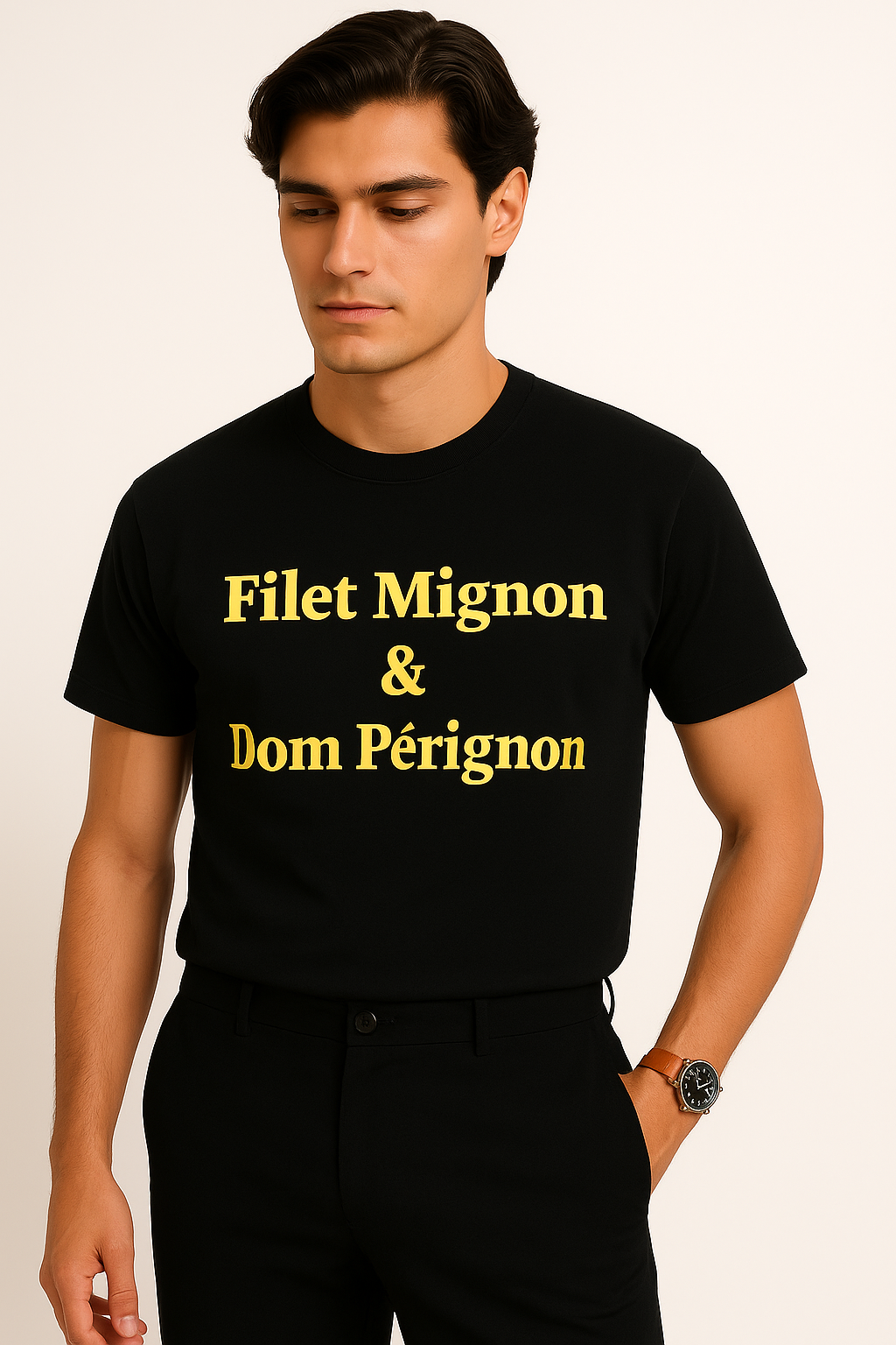 T-shirt Filet Mignon & Dom Pérignon – T-shirt unisexe en coton bio – Message français chic et décalé