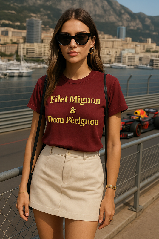 T-shirt Filet Mignon & Dom Pérignon – T-shirt unisexe en coton bio – Message français chic et décalé